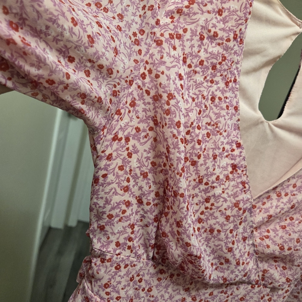 Japna Pink Floral Mini Dress Long Sleeve Ruffle Tiered Boho Cottagecore Romantic - Picture 3 of 7